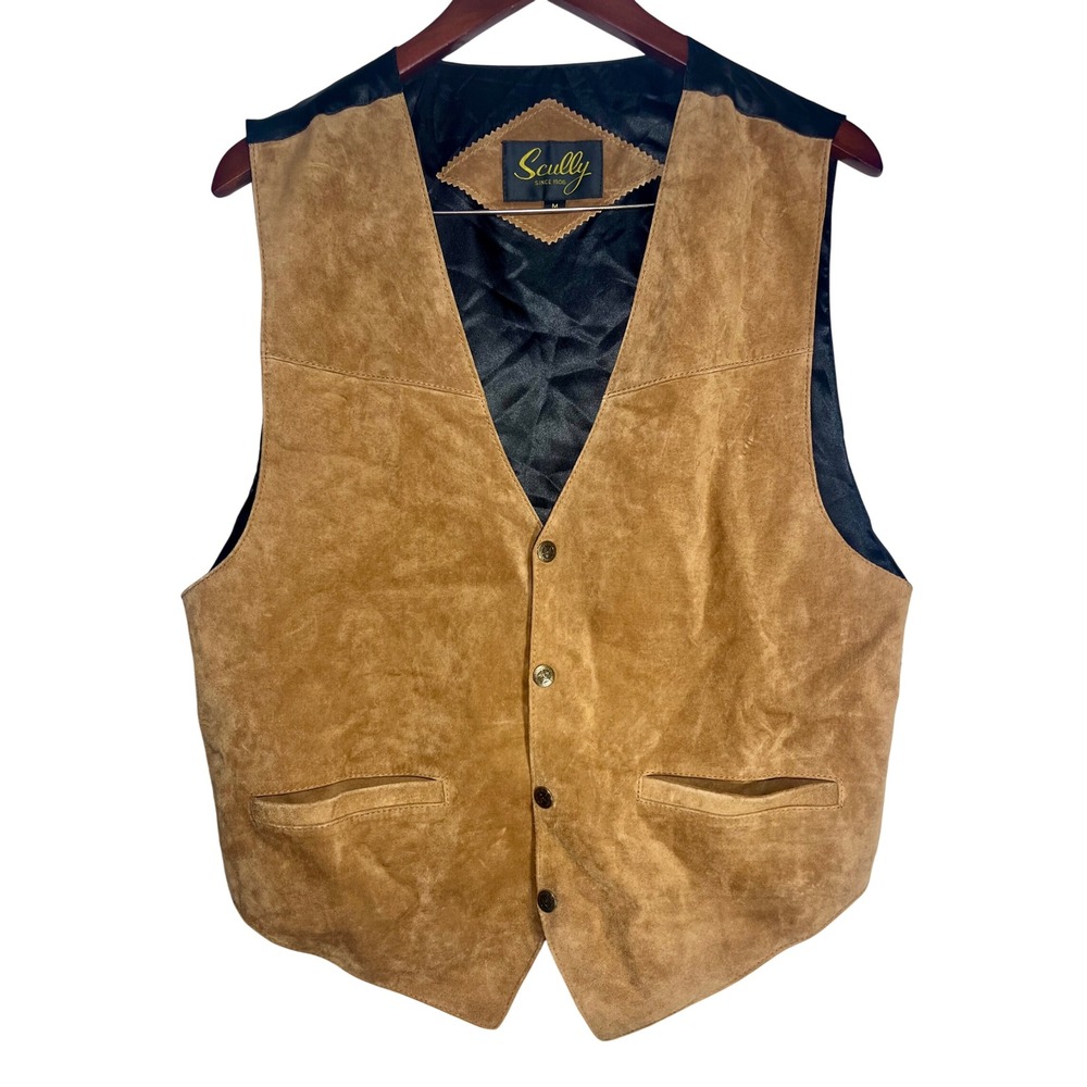 Scully Suede Leather Vest Mens M Tan Western Star Buttons Cinch Back